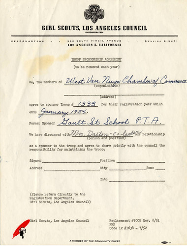 Girl Scout troop sponsorship by the West Van Nuys Chamber of Commerce, 1953