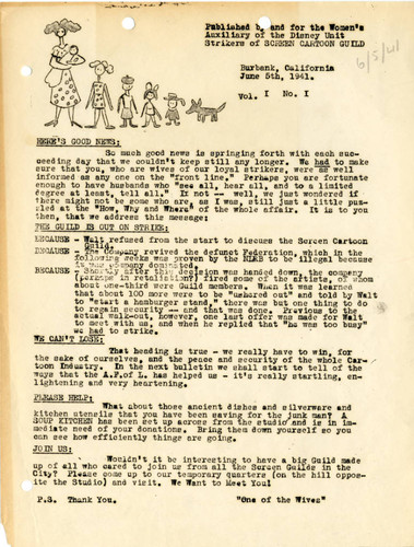 Bulletin of the Women's Auxiliary of the Disney unit strikers, June 5, 1941