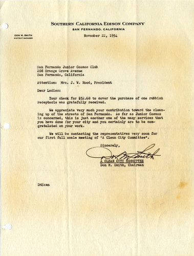 Southern California Edison letter to Junior Cosmos Club, 1954