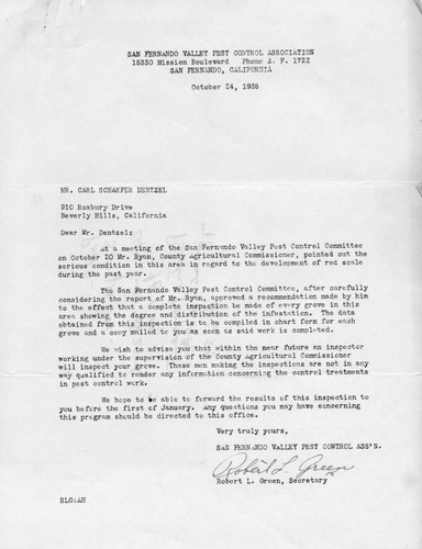 Letter from San Fernando Valley Pest Control to Carl Dentzel, October 1938