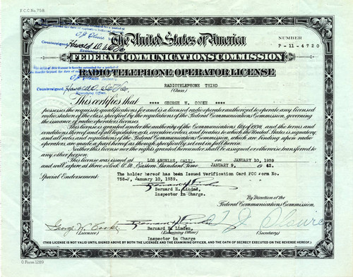 FCC Radio telephone operator license, 1939