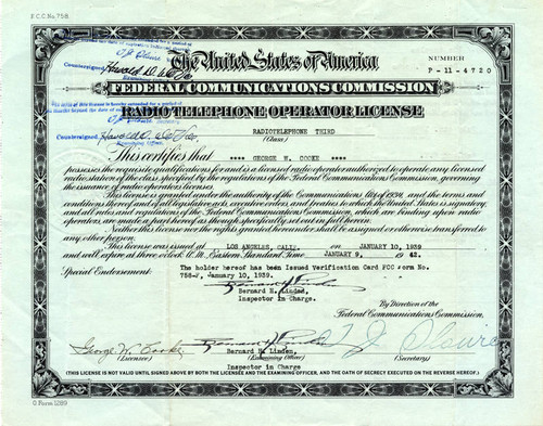 Radio telephone operator license, 1939