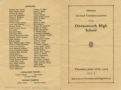 Owensmouth High School Commencement Brochure, 1929