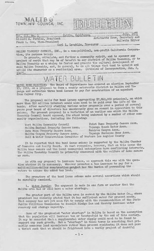 Malibu Township Council's Water Report issue in the Bulletin, July 1959