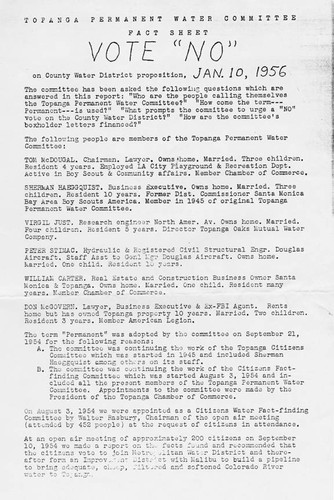 Topanga Permanent Water Committee Fact sheet mimeograph referring to the January 10, 1956 election regarding formation of the Topanga County Water District