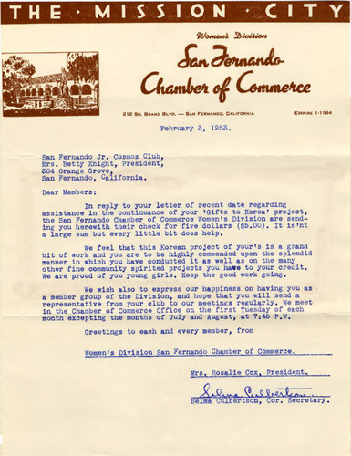 San Fernando Chamber of Commerce letter to Junior Cosmos Club, 1952