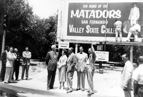 New sign with new name of school, San Fernando Valley State College, Northridge, 1958