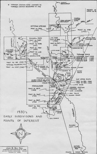 Early subdivisions and points of interest map of Topanga Canyon in the 1930s