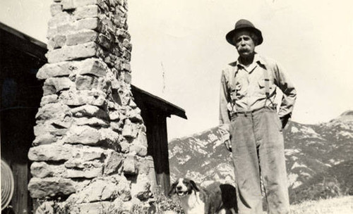 Harry Stunt in front of his house, Stunt Ranch, Calabasas