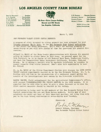 Letter from L.A. County Farm Bureau to San Fernando Valley Citrus Center members, March, 1939