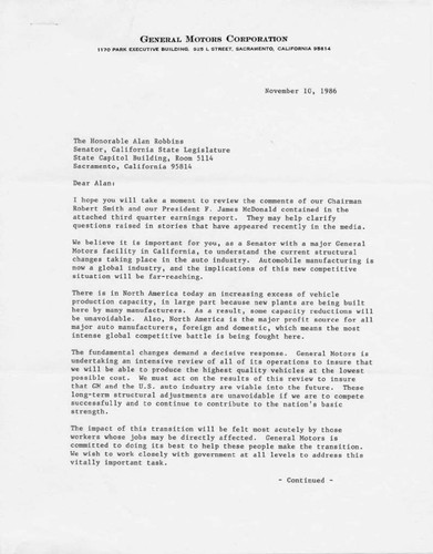 General Motors position letter, 1986 (page 1)