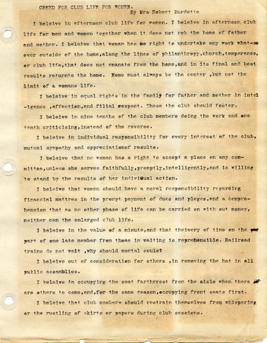 Creed for Club Life for Women, Women's Club of Owensmouth, 1918