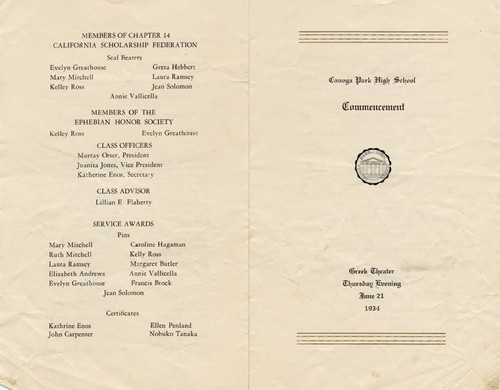 Canoga Park High School Commencement Brochure, 1934