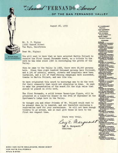 Letter from Fernando Award Committee, 1959