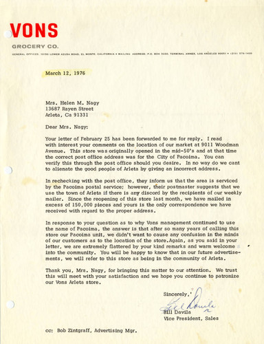 Vons Grocery reply letter to Arleta Chamber of Commerce, 1976