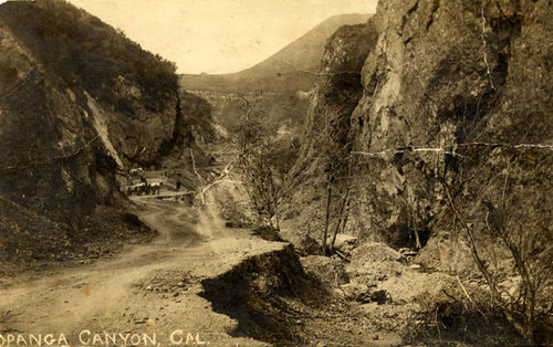 Topanga Canyon Road under construction, Topanga Canyon, postcard, [1890-1920?]