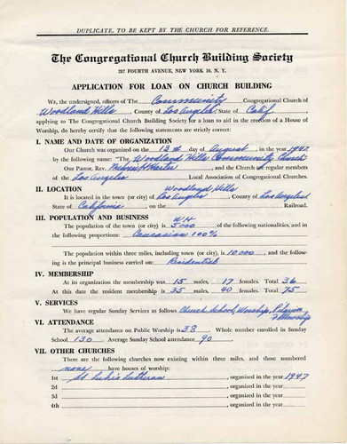 Application for church construction loan, 1948