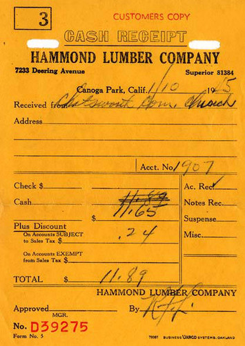 Hammond Lumber Company receipt, Canoga Park, 1945