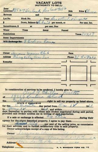 Authority to sell certificate, Tarzana Women's Club, Tarzana, 1961