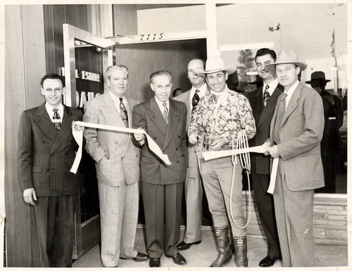 Real estate office opening with Montie Montana and Judge Julian Beck, Reseda, circa 1955