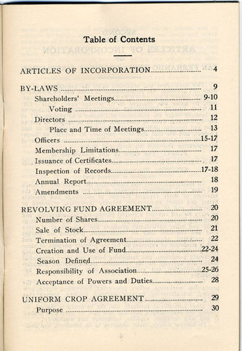 San Fernando Fruit Growers Association Articles of Incorporation, New Code of By-Laws, Revolving Fund Agreement and Uniform Crop Agreement, table of contents