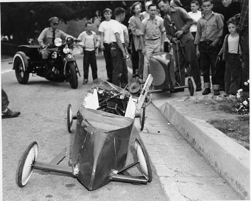 Soap box derby accident, circa 1940s