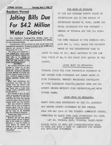 An election flyer for Fred Gage's campaign for Supervisor of the Los Angeles County 5th District, 1968