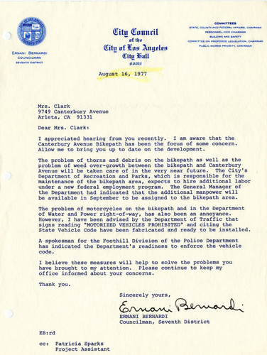 Letter regarding bike path maintenance and safety, Arleta, 1977