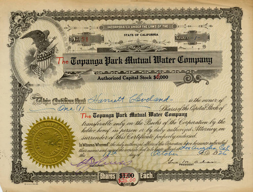 Stock Certificate of the Topanga Park Mutual Water Company in the name of Harriet Cleveland, 1926