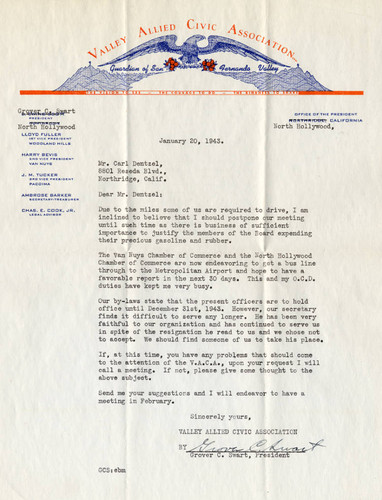 Letter from the Valley Allied Civic Association to Carl Dentzel, January 1943