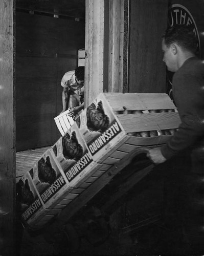 Orange crate stacking, Canoga Citrus Association packing house, Canoga Park, circa 1935-1945