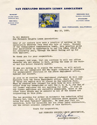 Letter from San Fernando Heights Lemon Association to members, May 10, 1938