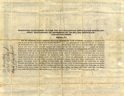 Certificate of Naturalization, 1940 (back)