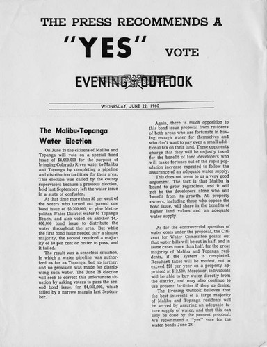 Editorial in the Evening Outlook newspaper recommending the passage on June 28, 1960 for water bonds financing Waterworks District no. 29
