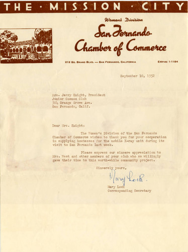 San Fernando Chamber of Commerce letter to Junior Cosmos Club, 1952