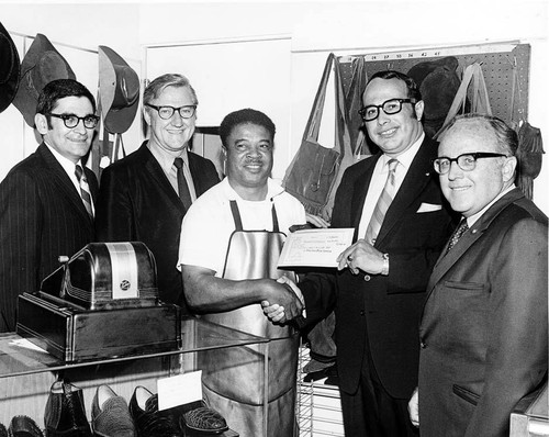 Congressman James C. Corman and William C. Miller of Lakeview Shoe Service, Lakeview Terrace, 1970