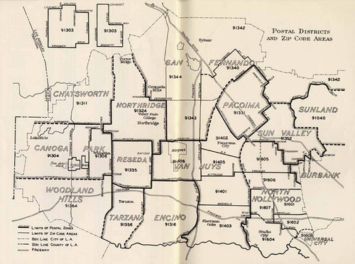 Map, postal districts and zip code area, San Fernando Valley, 1967 ...