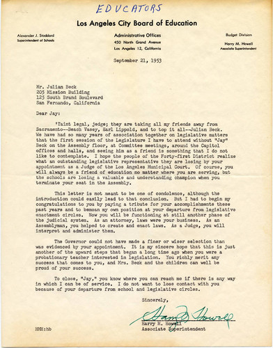 Harry M. Howell congratulatory letter to Julian Beck, 1953