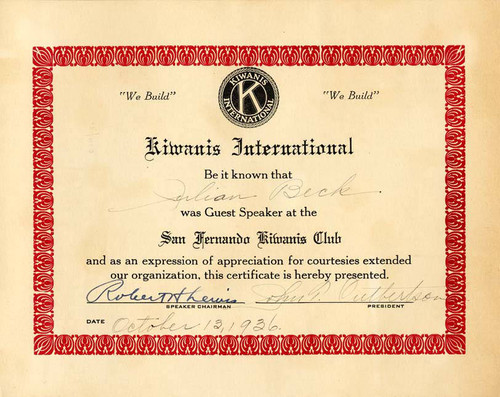 San Fernando Kiwanis Club guest speaker certificate presented to Julian Beck, San Fernando, 1936
