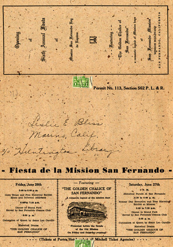 San Fernando Rey de Espana Mission's 6th Annual Fiesta invitation, 1936