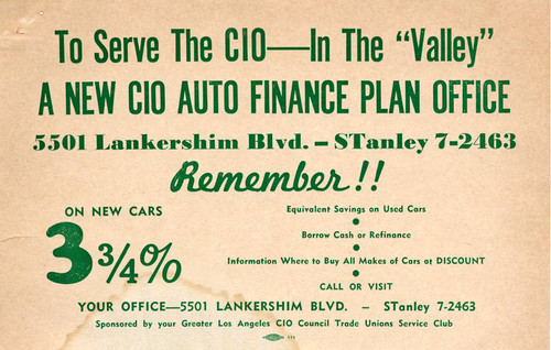 Advertisement for bew CIO Auto Finance Plan office