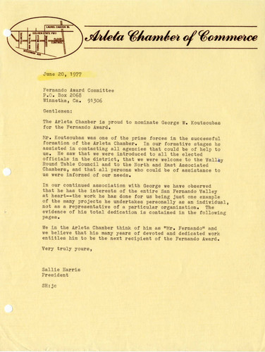 George W. Koutsoubas nomination for Fernando Award, Arleta, 1977