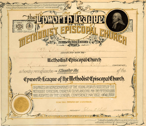 Epworth League certificate, Methodist Church, Chatsworth, 1898