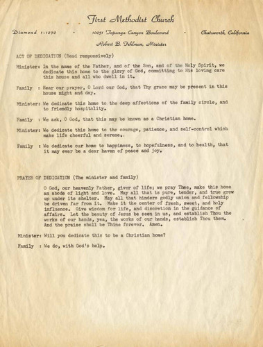 Home dedication prayer, First Methodist Church of Chatsworth, Chatsworth, circa 1960-1963