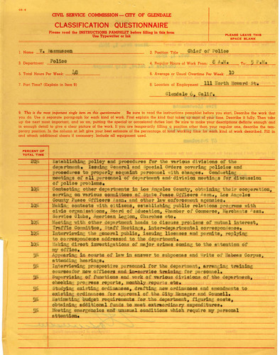 Civil service classification questionnaire, Chief of Police, Glendale, 1946