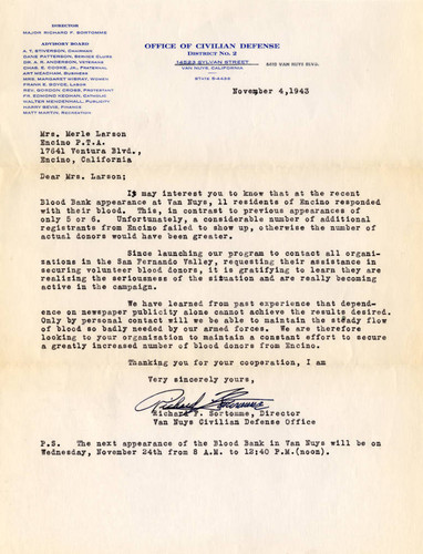 Office of Civilian Defense letter to Encino PTA, Van Nuys, 1943