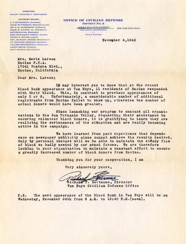 Office of Civilian Defense letter to Encino PTA, 1943