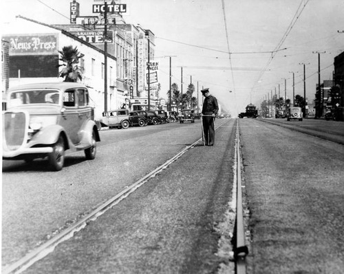 Pacific Electric railroad tracks, Brand Boulevard, Glendale, 1935