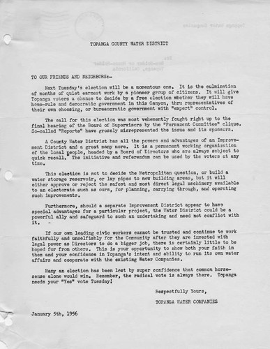 Letter from Topanga Water Companies regarding Topanga County Water District vote, January 1956