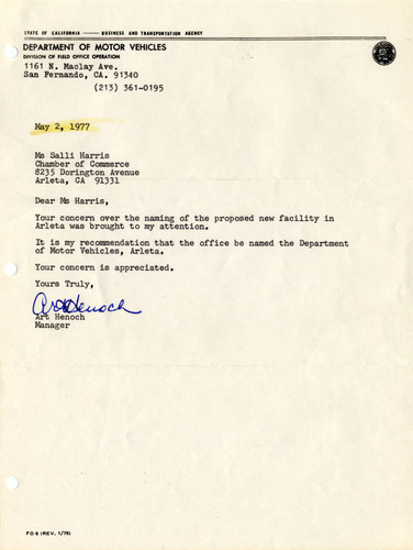 Letter regarding name of Department of Motor Vehicles facility, Arleta, 1977
